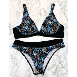 Blue Black Gold Chain Floral Bikini L Large